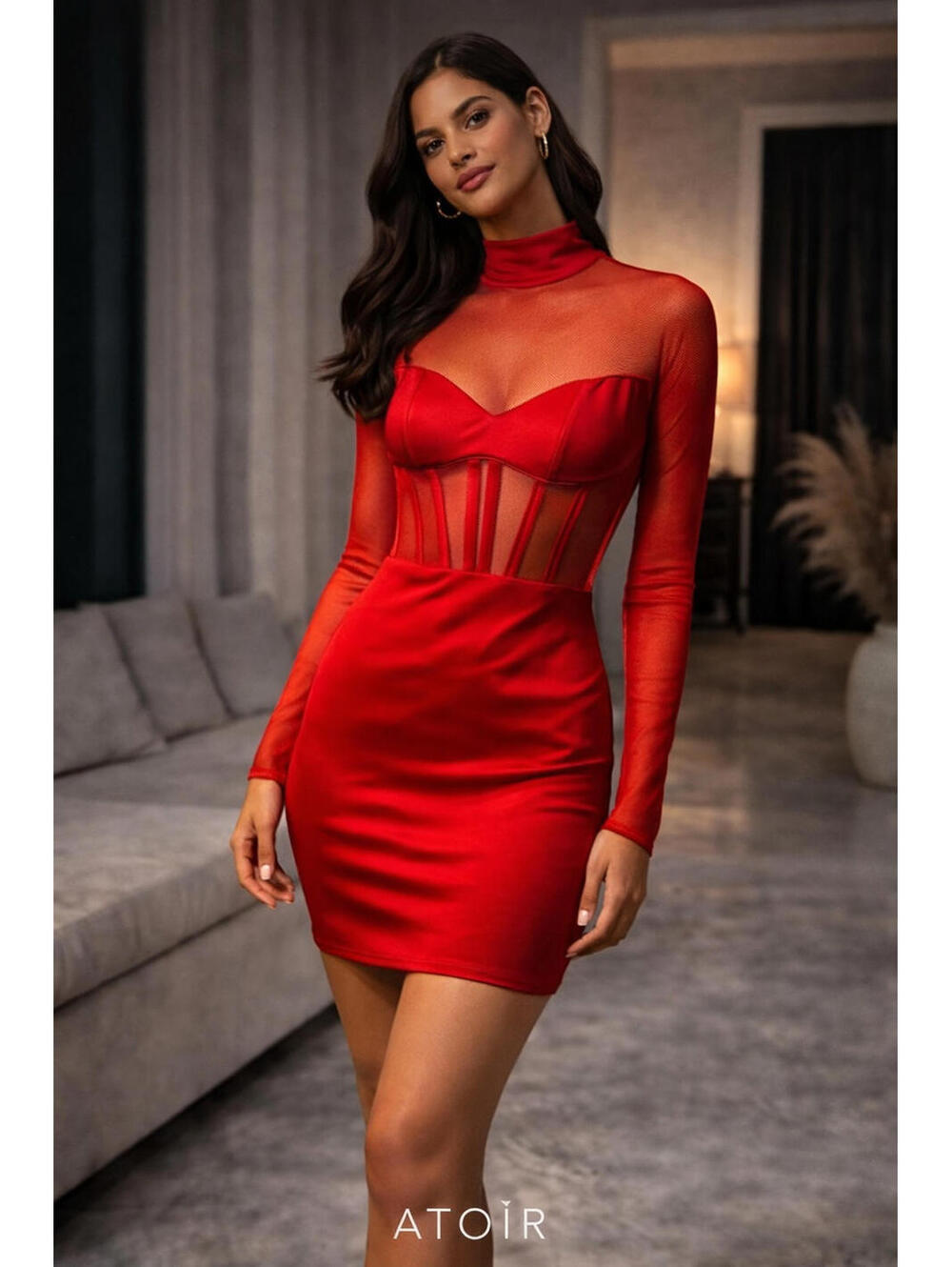 Atoir Red Mesh Corset Mini Dress US 6 Sheer Panel Bodycon Long Sleeve NWOT